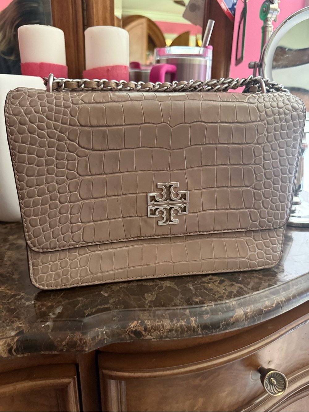 Tory Burch Taupe Croc-Embossed Chain Shoulder Bag with Silver Hardware